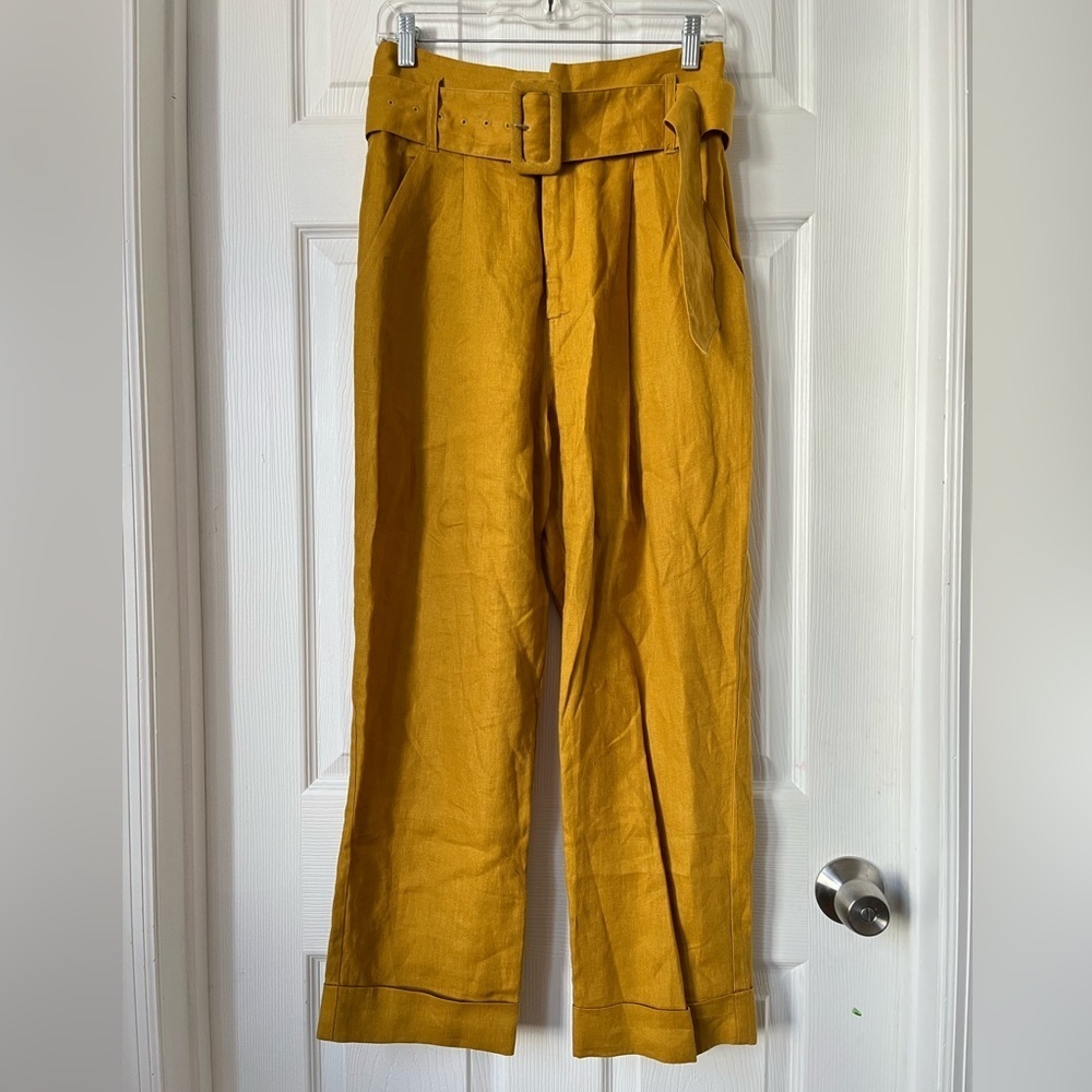 SEA New York Yellow Linen High-Waisted Belted Straight Leg Pants Size 4